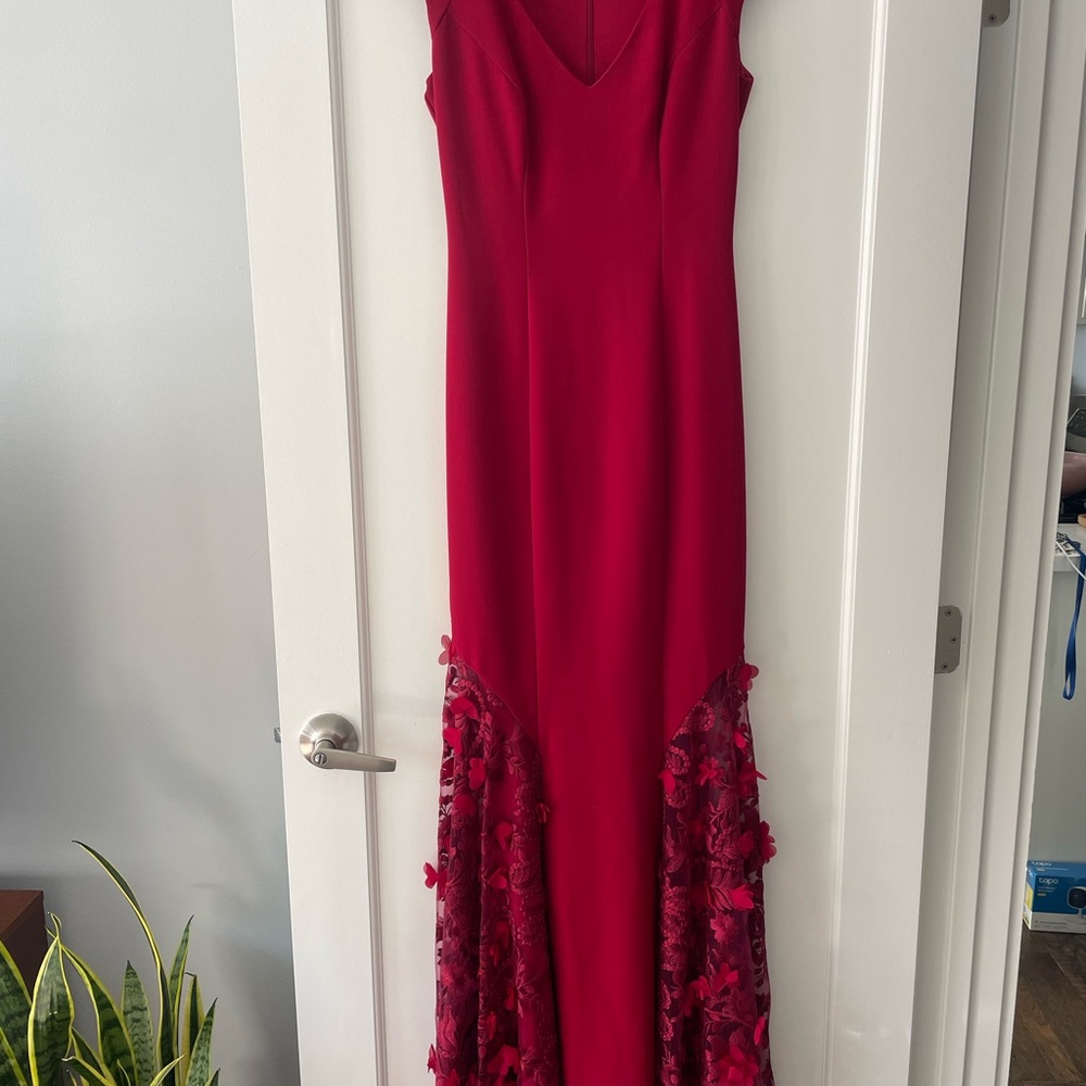 Carmen Marc Valvo Red Maxi Dress with Floral Accents